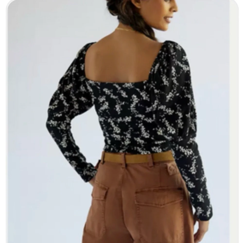 Anthropologie black floral Sweetheart Top Puff Sleeve smocked Blouse Black  XL